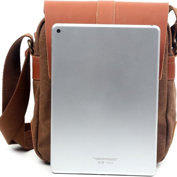 Genuine Leather & Waxed Canvas Crossbody Bag – 10-Inch, Waterproof & Durable - Picture 6 of 8